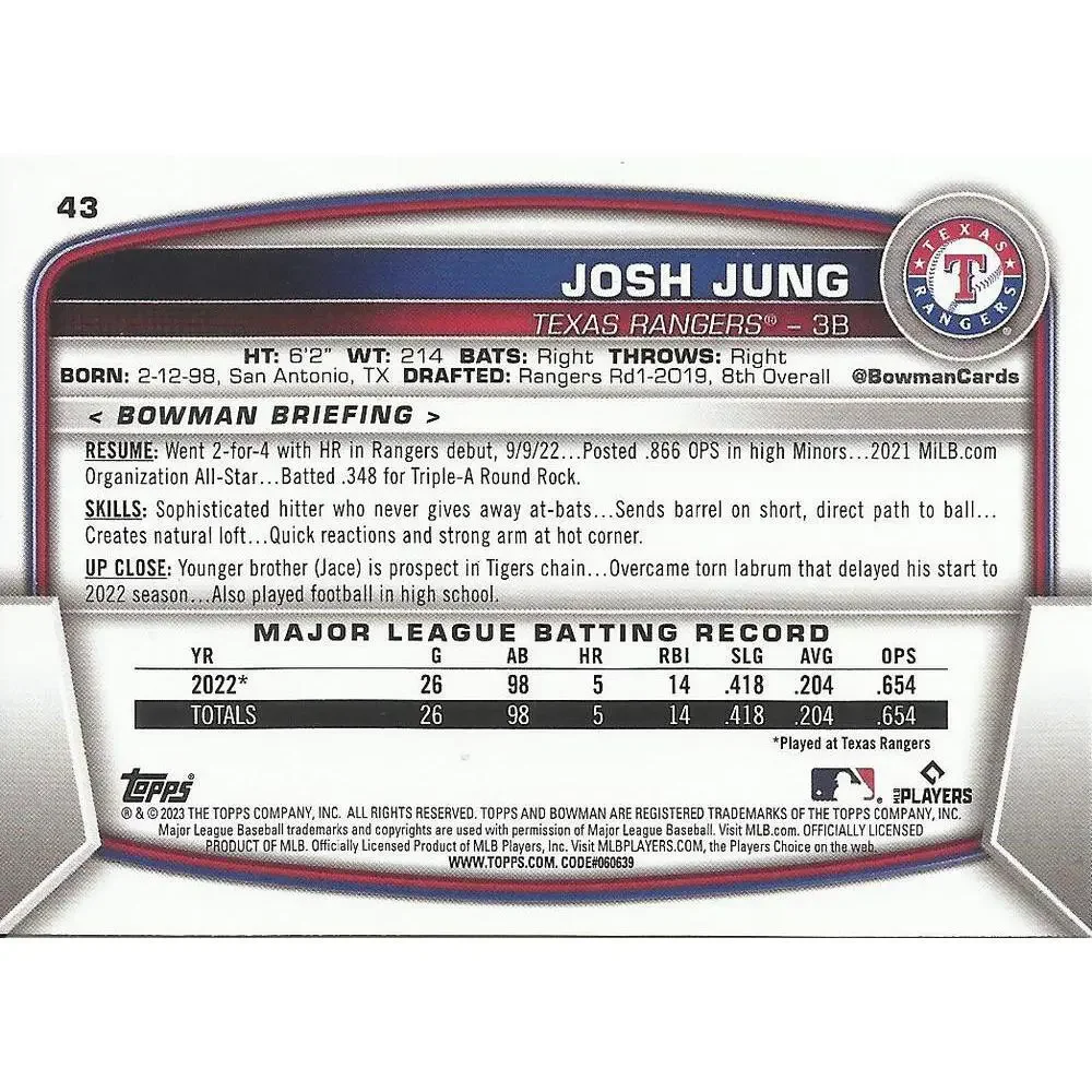 2023 Bowman Josh Jung RC #43 Texas Rangers